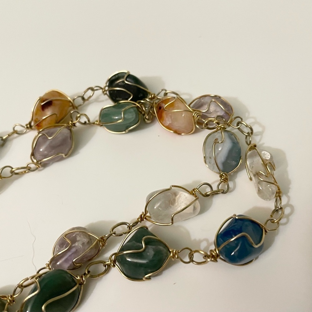 Boho Multi Gemstone Wire Wrapped Necklace Tumbled Stone Crystal Jewelry - Picture 10 of 15